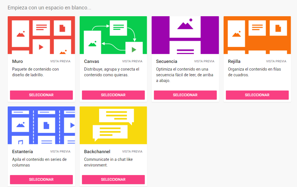 Imagen que muestran las diferentes plantillas para organizar contenidos