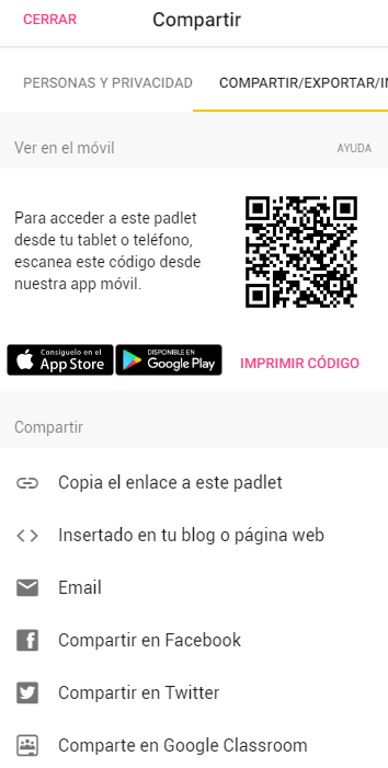 Imagen que muestra como se comparte o se exporta el Padlet