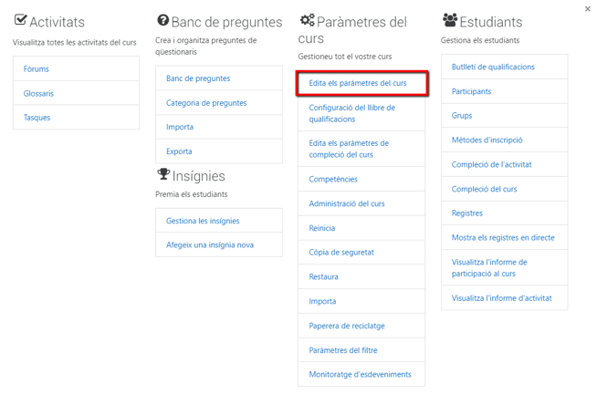 Menú amb les opcions de gestio de l'assignatura